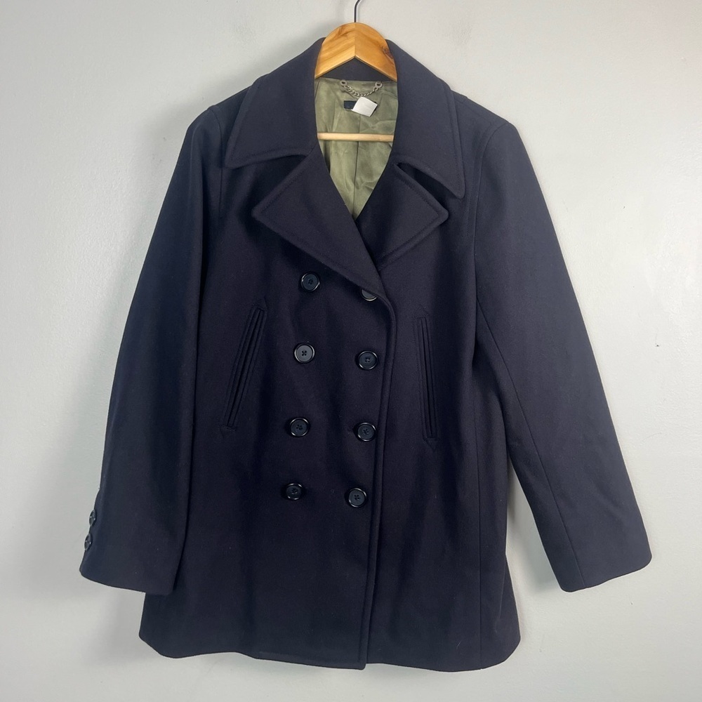 J. Crew eggplant purple wool blend pea coat with green lining size medium